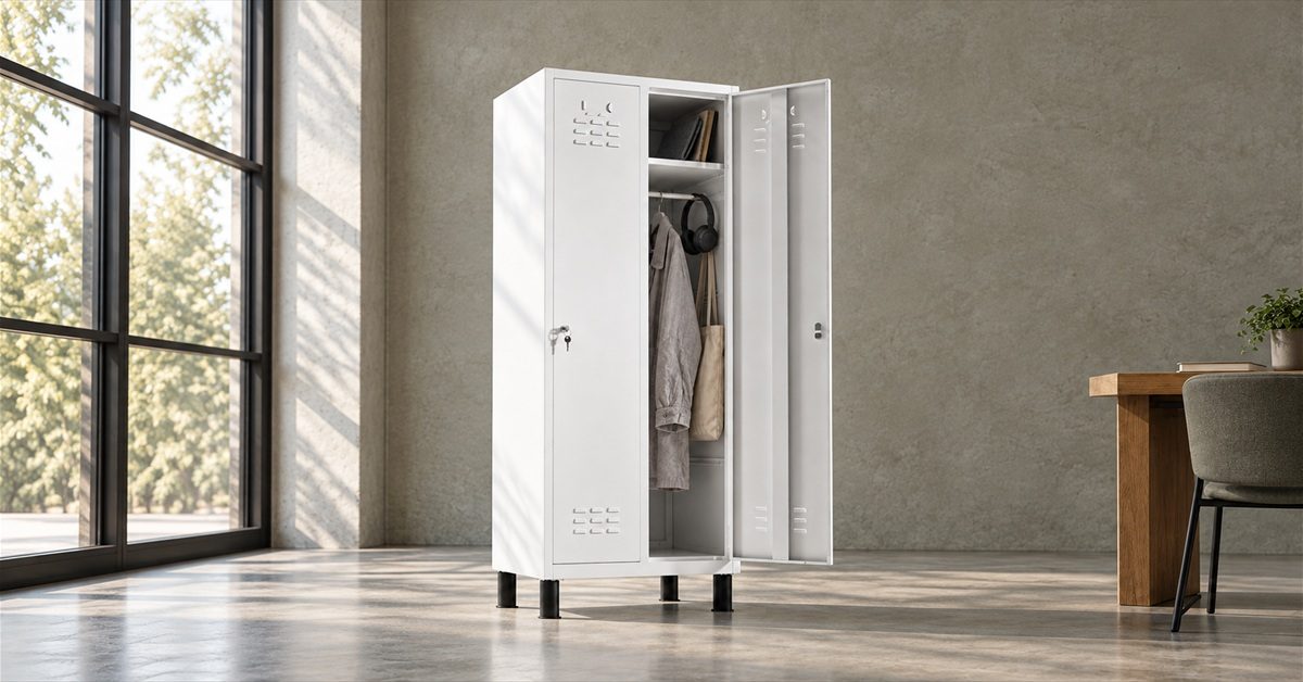 Taquilla metálica blanca TwinThink de 2 puertas, abierta con ropa colgada, junto a un ventanal